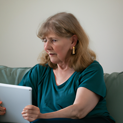 אישה בכירה משתמשת בטאבלט כדי לתקשר עם משפחתה, ומדגימה את תפקידה של הטכנולוגיה בקידום חיים עצמאיים