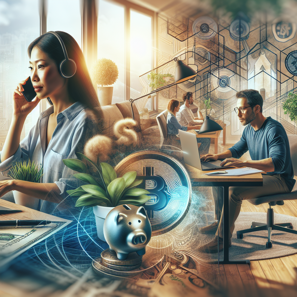 An amalgamation of various aspects that represent the concept 'working from home'. On one side, an Asian woman engaged in a conference call, and on the other side, a Caucasian man focusing on his work in an open-plan, home office environment. The setting exudes an aura of comfort, calmness, and productivity, with touches of nature such as a potted plant and a sunlit window. An abstract representation of money, like dollar signs or a piggy bank, is present to suggest the potential for financial gain. The main focus remains on the comfortable and inviting atmosphere of working from home.