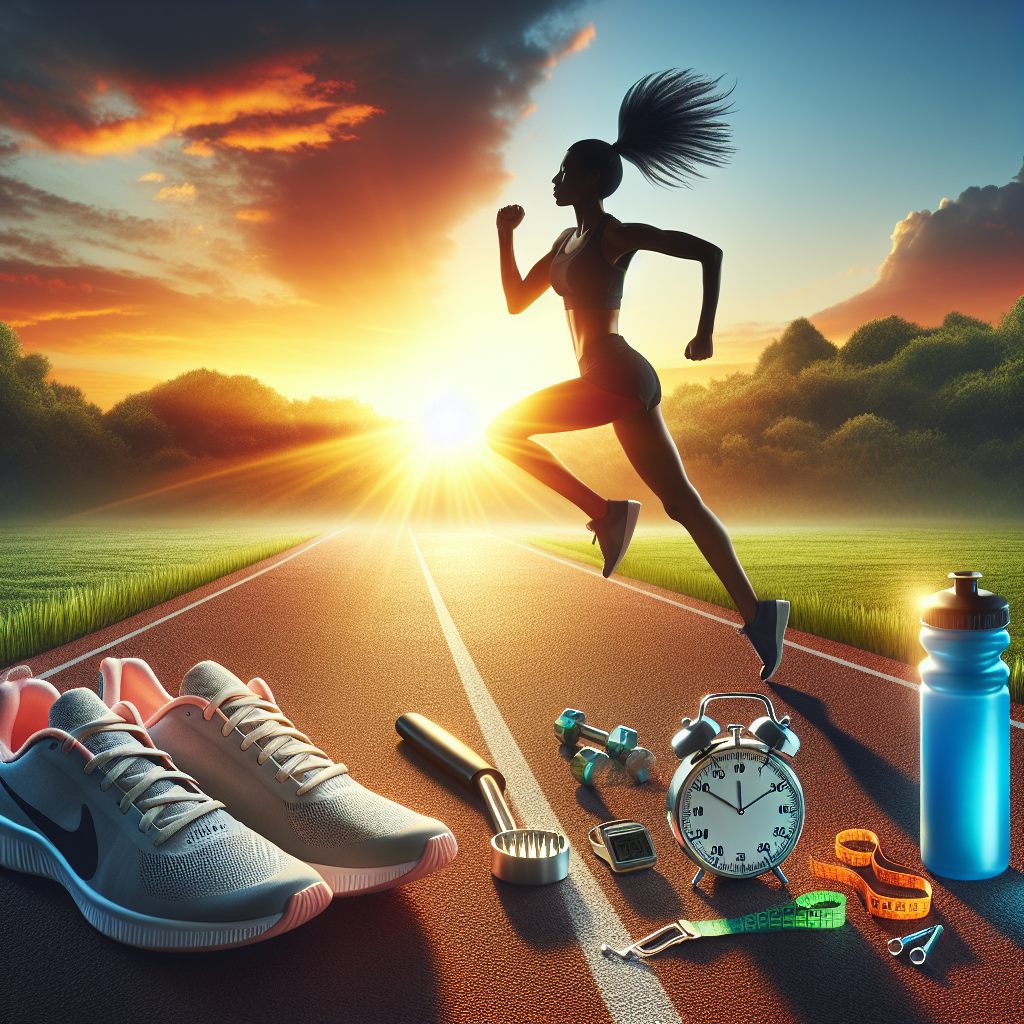 An imagery representation of the concept 'Kickstart Your Fitness Journey: A Comprehensive Guide to Starting Running'. Picture a pair of fresh athletic shoes on a smooth running track, a pulsating stopwatch, a hydration bottle, and a motivational background with an early morning sun rising over lush greenery depicting a beautiful dawn. A silhouetted figure of an athletic Black woman, its hair pulled back in a ponytail, is seen leaping forward in the heart of the scene, symbolizing the first step in the journey towards fitness.