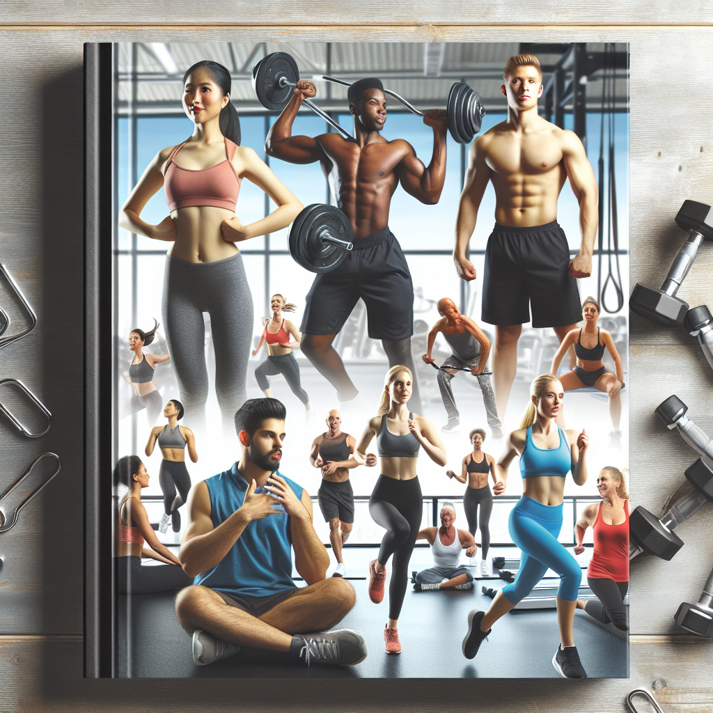 An image showing the cover of a fitness guide book without text. The focus is on a diverse group of individuals engaging in various fitness activities to depict weight loss and muscle toning. One person is South Asian woman in her 30s doing yoga, another is a Black male teenager weightlifting, then there's a middle-aged white man running, concluding with a Hispanic woman doing aerobic exercises. They are all set against the backdrop of a bright, energetic gym environment filled with fitness equipments.