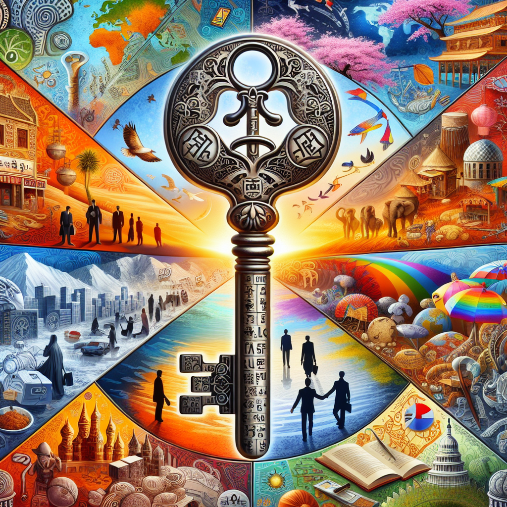 A conceptual representation of an advanced foreign language mastery guide. The cover is dominated by a large, ancient, ornate key with different language alphabets inscribed on it which serves as a symbol for 'Unlocking'. The backdrop is a vibrant depiction of diverse cultures, wherein each segment represents a different region of the world. An Asian landscape with cherry blossoms, an African Savannah with a sunset, a European cityscape, a Middle-Eastern bazaar, a South American rainforest, an Australian outback, and a North American skyline. Additionally, shadowy figures of people depicting various ethnicities are seen forming connections and shaking hands, signifying 'Connections'. Different occupational and opportunity symbols like books, tools, and academic hats represent 'Opportunities'.