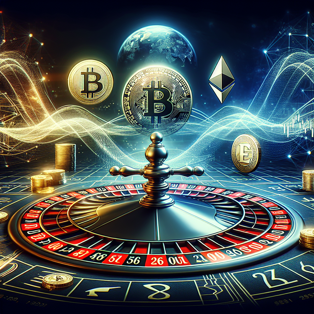 A dramatic representation of cryptocurrency investments with elements of risk involved. In the center, Bitcoin, Ethereum, and Litecoin symbols are depicted on a roulette table to symbolize the gamble in investments. Around the table, there are abstract representations of data flux, with lines and waves going up and down, reflecting the volatility in the crypto market. Everything is bathed in a dramatic light, emphasizing the high-stakes world of cryptocurrency trading.