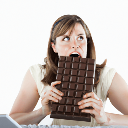 תמונה של עובד משרד לחוץ אוכל חפיסת שוקולד גדולה ליד השולחן.