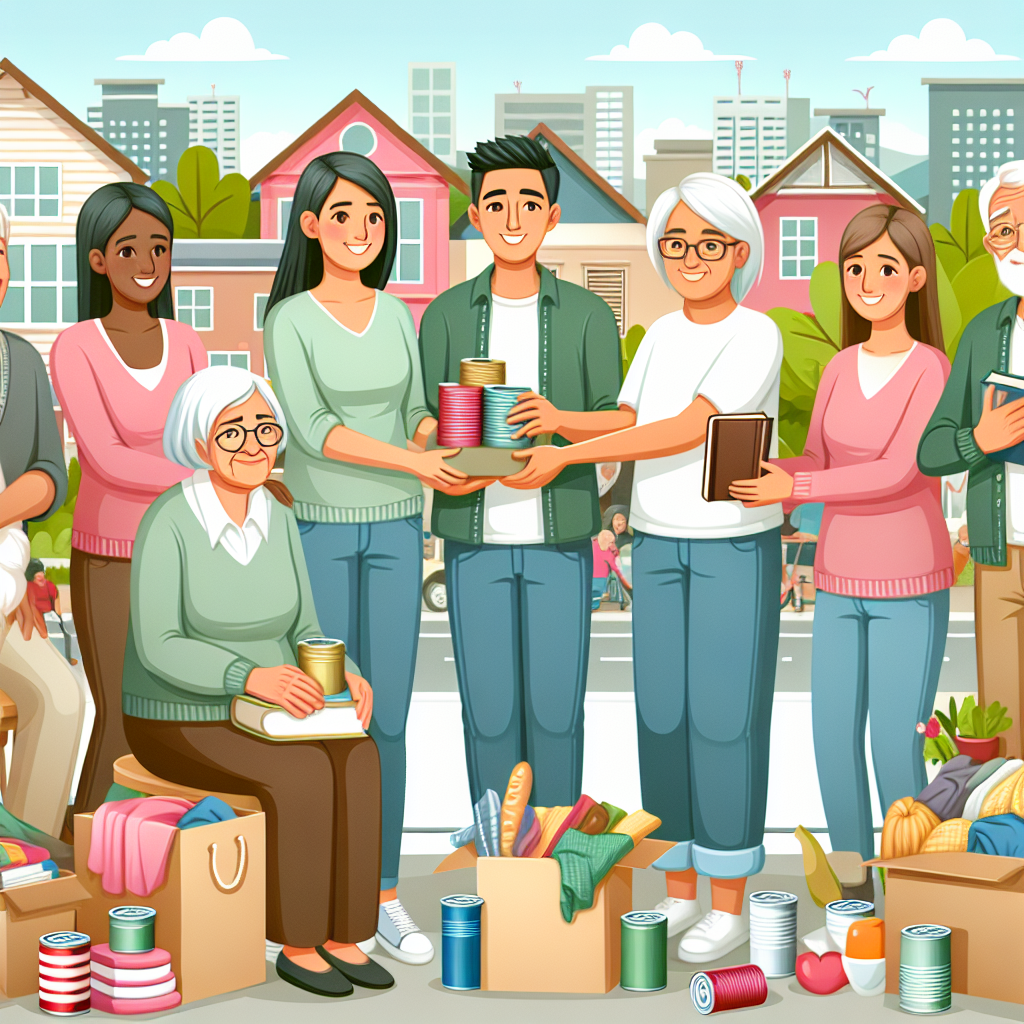 A warm and heartfelt scene capturing the essence of community support for the elderly. Picture a racially diverse group of mature adults happily accepting donations such as clothes, books, and canned food from younger adults of varying genders and ethnicities. The scene depicts the sharing of items in a cheerful environment, providing a sense of empowerment for the seniors involved. The background contains a lively community setting filled with bright colors, plants, and buildings, symbolizing a thriving society. The image excludes any text.