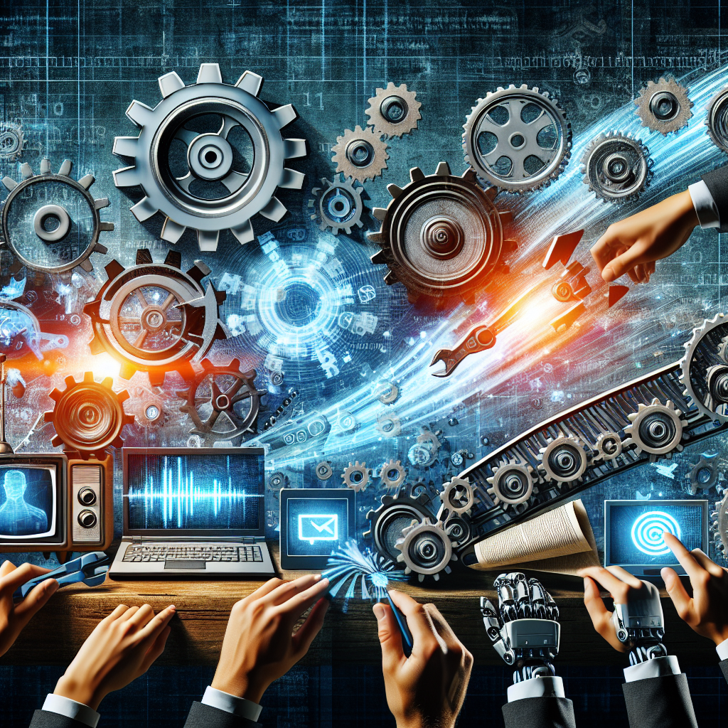 A dynamic and progressive image representing the revolution of marketing strategies. In this scene, there are symbolic elements of automation like gears, conveyer belts, and robotic hands interacting with traditional marketing symbols like a billboard, television, and newspaper. The automated parts are depicted as being efficient, precise, and fast in creating and circulating these marketing elements. Everything brims with energy and movement, symbolizing the constant progression and evolution of marketing strategies through automation.