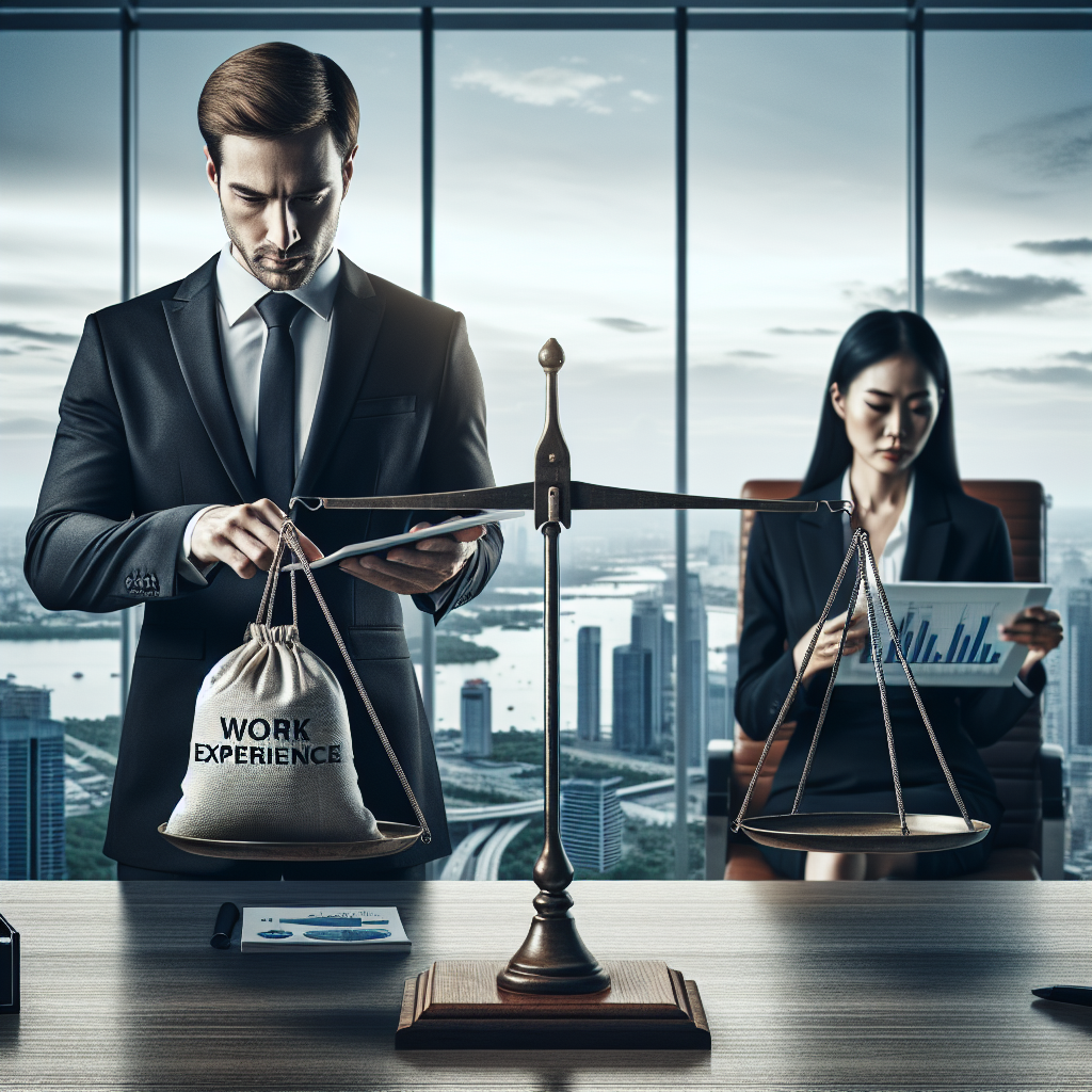 An image representing a professional financial scenario: A dispassionate yet determined individual, who is Caucasian and male, standing assertively in a sleek corporate office against a backdrop of panoramic city views. Across from him is his superior, an accomplished Southeast Asian woman, sitting behind a large mahogany desk checking some finance charts on a digital tablet. Between them is a balance scale, metaphorically representing negotiation. The male individual is placing a bag labelled 'work experience' on one side of the scale, thus tipping the balance in his favor.