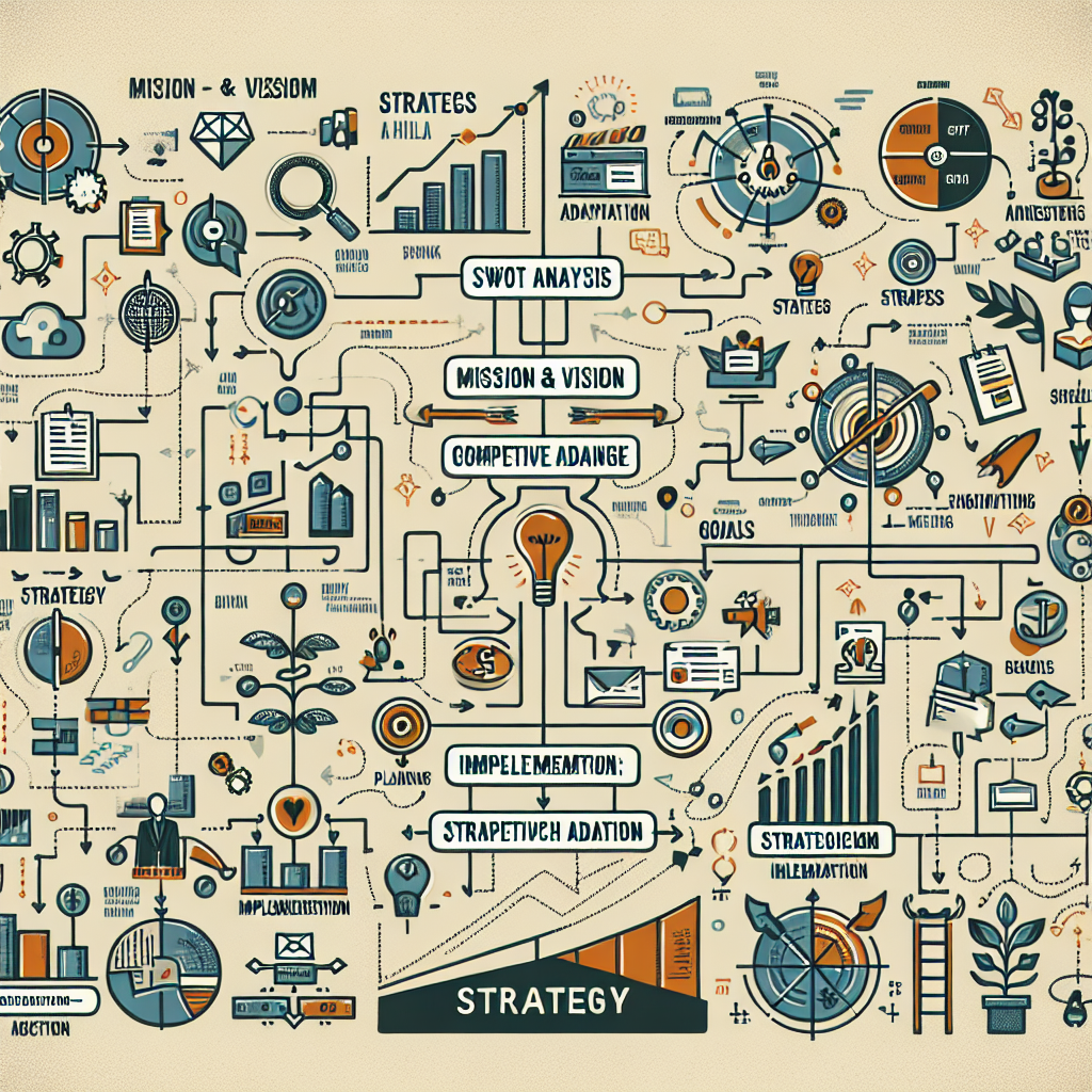 An illustrated guide to business strategy, demonstrating through diagrams and visuals how to define it successfully and attain objectives within a business. It includes concepts like SWOT analysis, mission and vision, competitive advantage, goals and objectives, strategic planning, and implementation. There's also a roadmap featuring steps towards achievement and a ladder of success. The essence of the illustration lies in the symbols representing these concepts and the relationships between them, reinforcing the importance of a comprehensive and well-defined strategy.