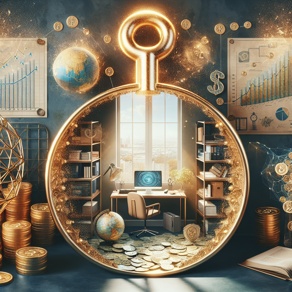An abstract representation of the concept of making money from home. The scene includes a variety of elements that symbolize 'unlocking secrets'. This could be a golden key opening an ornate lock, which in turn opens a door to a well-organized home office setup representing a productive work-from-home environment. The desk is stocked with a computer, a stack of books, a globe, and a phone. There's a chart on the wall showcasing increase in revenue. Slightly in the background, a shimmering gold coin tree, symbolizing wealth and success, is seen by the window, soaking up the sunshine.