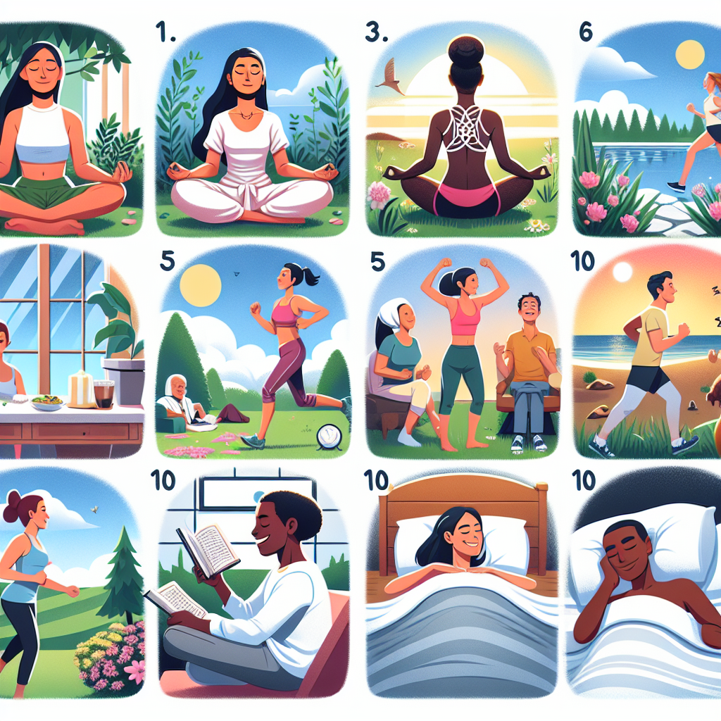 An illustrative representation of ten strategies for reducing life stress. These include 1) A woman of Asian descent meditating peacefully in a tranquil garden; 2) a person of African descent jogging in a park; 3) a Caucasian man practicing deep-breathing exercises; 4) a Middle-Eastern woman leisurely reading a book; 5) A person of Hispanic descent enjoying a healthy, balanced meal; 6) a South Asian man practicing yoga; 7) A black woman getting a rejuvenating massage; 8) An individual of white descent laughing with friends; 9) a Middle-Eastern man enjoying nature in solitude; 10) A Hispanic woman sleeping in a comfortable bedroom, demonstrating the importance of good sleep.
