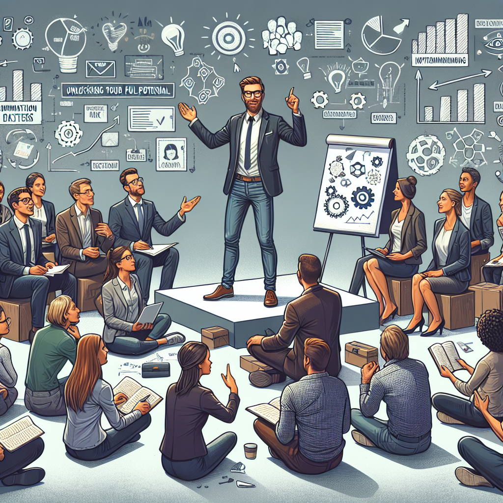 An image depicting a personal development workshop in action. Various people sitting in blocks, interacting, and engaging in group discussions, surrounded by flip-charts and whiteboards filled with handwritten notes and diagrams. A Caucasian male is leading the workshop, gesturing towards the audience with an energetic expression. He is dressed professorially in a blazer and glasses. Next to him on the lecture stage is a projector showcasing insights and strategies for success. Everyone in the audience is attentively listening and participating actively, embodying the spirit of unlocking your full potential and personal growth.