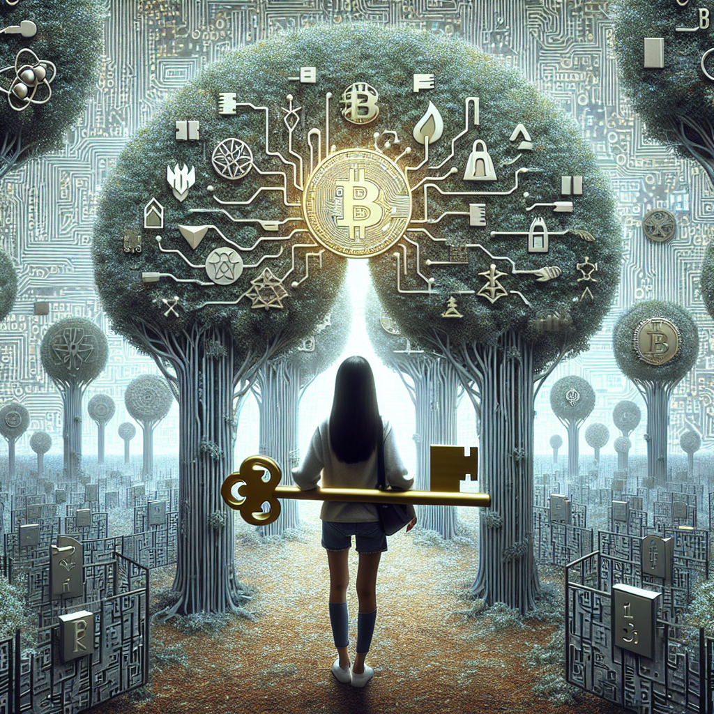 An image featuring a symbolic representation of the world of cryptocurrency. A young South Asian woman, beginner in cryptomarket, standing in front of a dense jungle that represents the complicated and overwhelming world of cryptocurrencies. The jungle consists of trees formed by circuit boards and binary codes, and various cryptocurrency symbols. The woman is holding an oversized golden key, symbolising her intention to unlock and navigate this complex world.